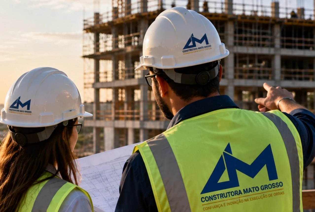 Profissionais acompanhando uma construção, imagem institucional